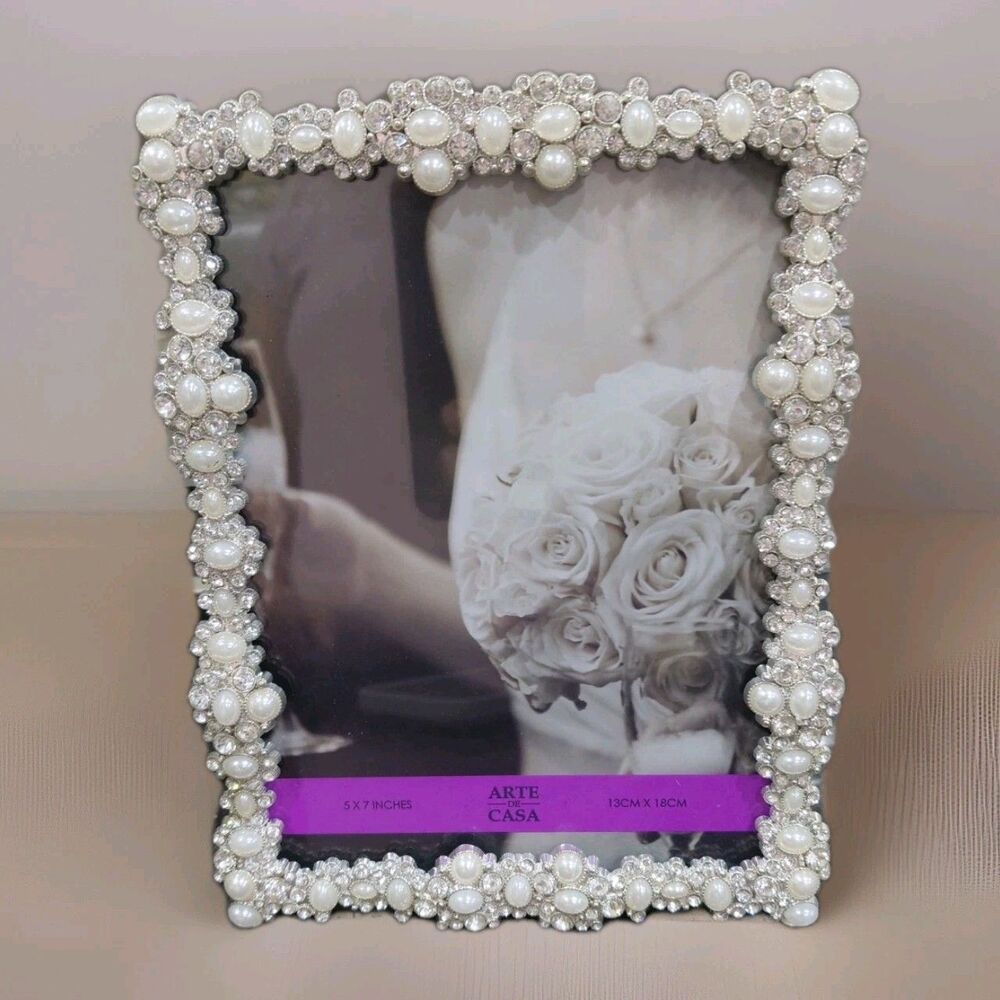 5" x 7" Arte De Casa Elegance Wedding Photo Frame Rhinestones Faux Pearls Stones